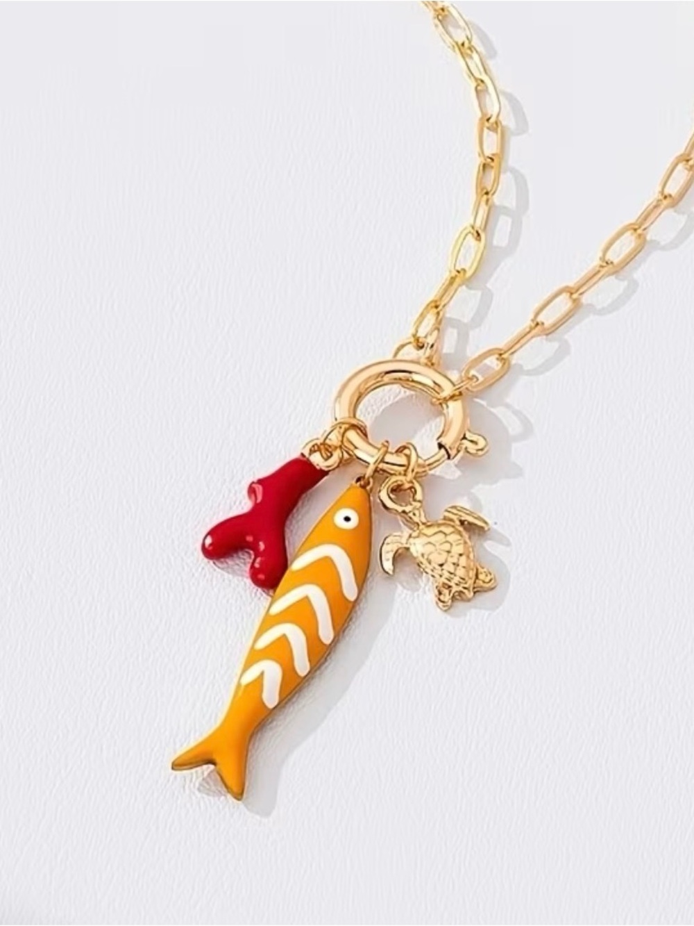 Gold-Tone Necklace with Orange Fish, Red Coral & Turtle Charms